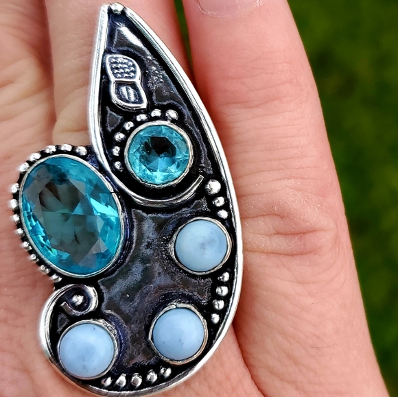 New Blue Topaz & Owyhee Opal Silver Statement Ring. - Picture 4 of 7